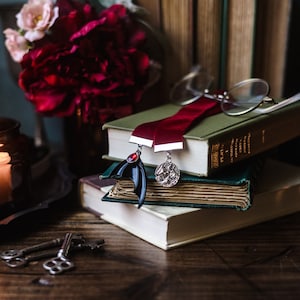 May include: A stack of three books with a red ribbon bookmark. The bookmark has two charms, one is a black bat with a red jewel and the other is a silver circle with a design. The top book has the title "PLATO" on the spine.