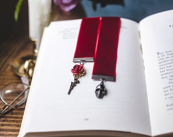 Zade Meadows Inspired Dark Red Velvet Bookmark, Skull & Rose Charm