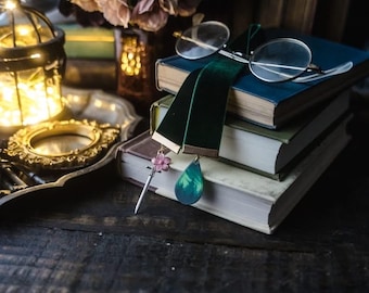Shield of Sparrows Dark Green Velvet Ribbon Bookmark: Forest Charm, Sword and Flower