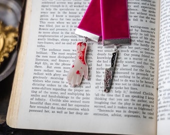 Pink Horror Reader Bookmark: Hot Pink Velvet Ribbon with Bloody Arm & Knife Charms