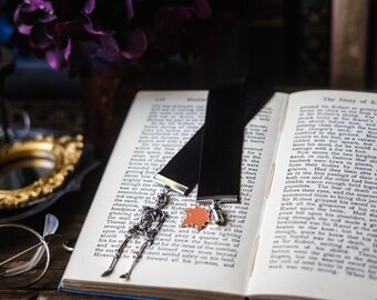 Skeleton Charm Bookmark: Black Velvet Ribbon, Spooky Book Accessory
