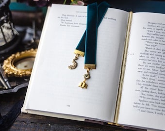 Pride and Prejudice Bookmark: Teal Velvet Ribbon with Peacock and Flower Charms