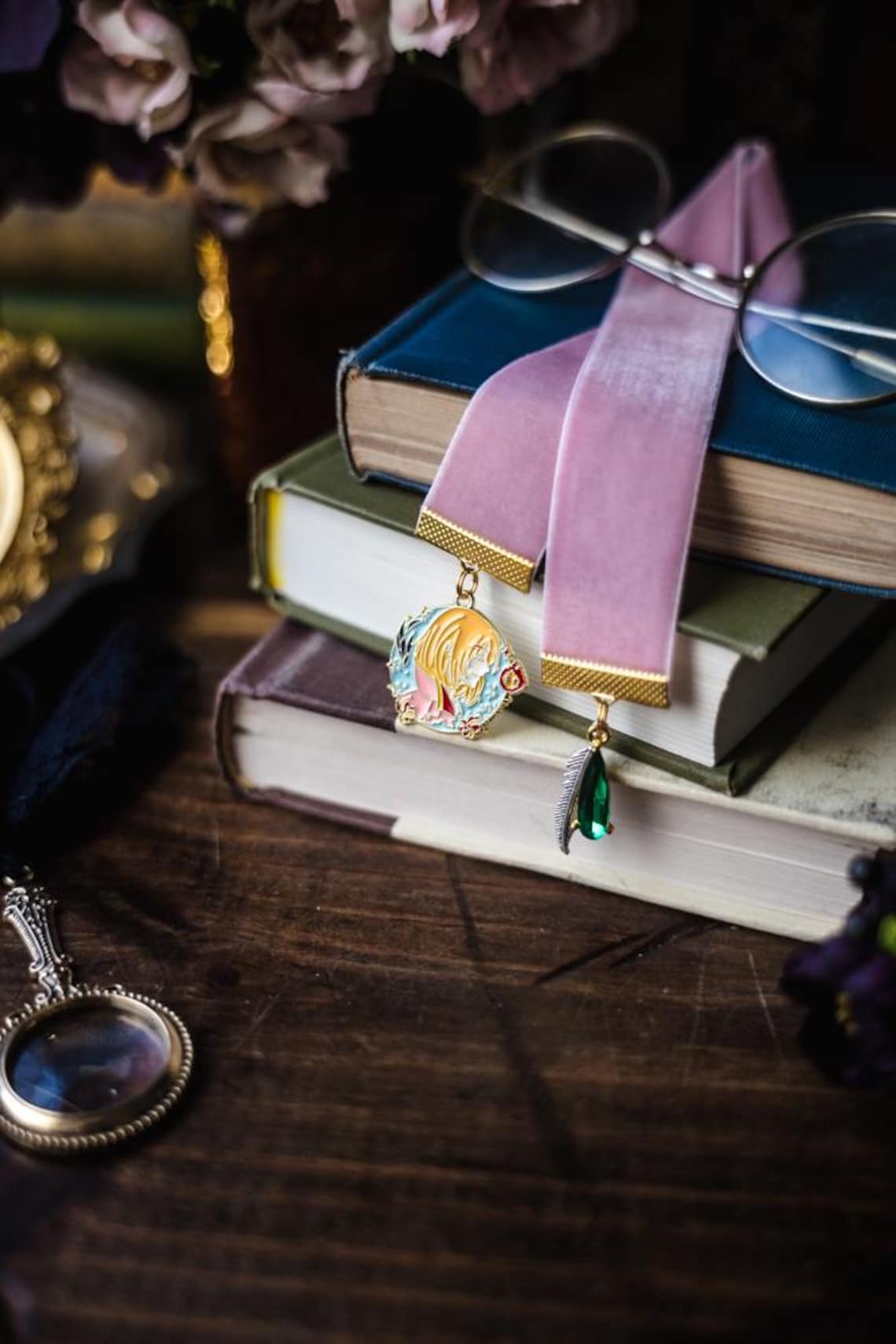 Howl's Moving Castle Bookmark: Dusty Pink Velvet Ribbon With Charms - Etsy