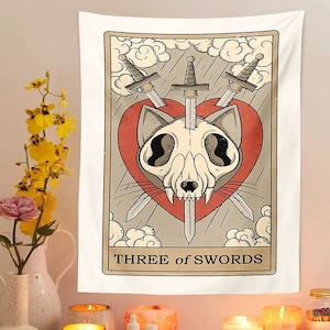 Tenture Murale Carte de Tarot Three of Swords | Décoration Tapisserie | Tarot | Magie | ésotérisme