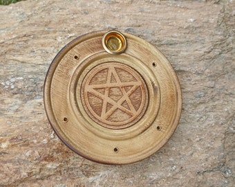 Round Pentagram Wooden Incense Holder for Sticks and Cones