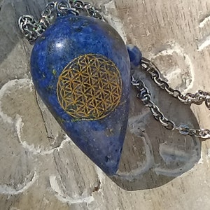 Lapis Lazuli Conical Pendulum Engraved Flower of Life, Dowsing Natural Stone