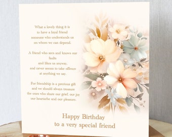 Special Friend birthday card. Watercolour subtle flowers with beautiful friend verse. All orders dispatched within 24 hrs.