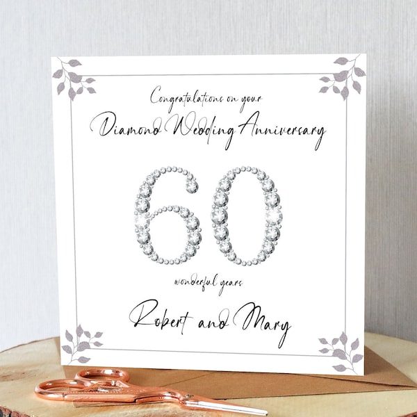 Diamond Wedding Anniversary card. Personalised. Simple elegance. 60 years. Add names. Premium quality. All orders dispatched within 24 hrs.