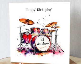 Personalised Drum Kit birthday card. Watercolour drum set. Any name. Suitable any age. Unique card. Music enthusiasts.