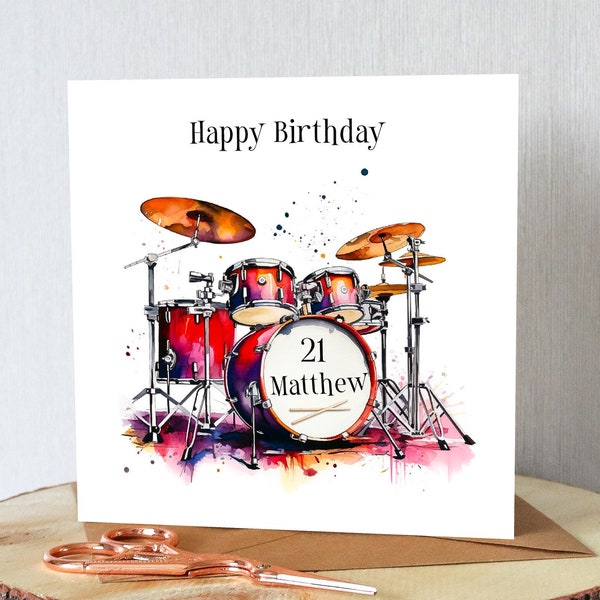 Personalised Drum Kit birthday card. Watercolour drum set. Any name. Suitable any age. Unique card. Music enthusiasts.