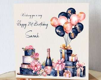 Personalised 21st birthday card. Very pretty. Gifts, champagne, cake. Navy and pink. Add any name. Twenty first. Beautiful card.
