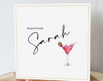 Personalised cocktail birthday card for her. Watercolour. Suitable any age. Add name. All orders dispatched within 24 hrs.