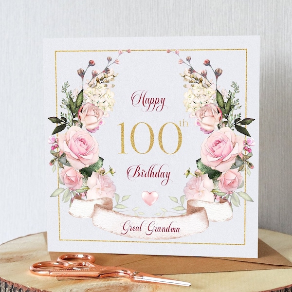 Beautiful 100th birthday card for her. Personalised with your chosen name. Pink roses and banner. All orders dispatched within 24 hrs.