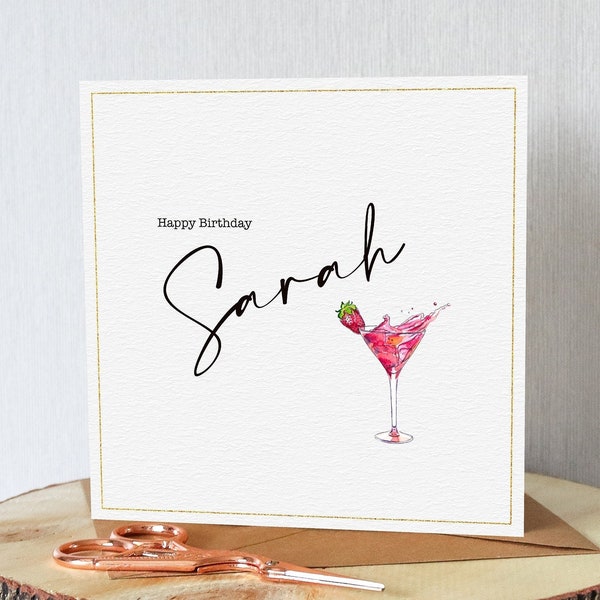 Personalised cocktail birthday card for her. Watercolour. Suitable any age. Add name. All orders dispatched within 24 hrs.