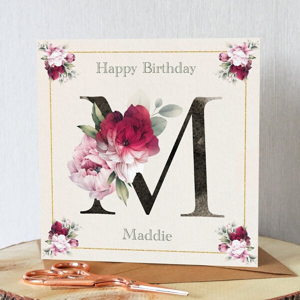 Peony birthday card for her. Personalised. Very pretty. Initial will match your chosen name. Friend, stunning card.