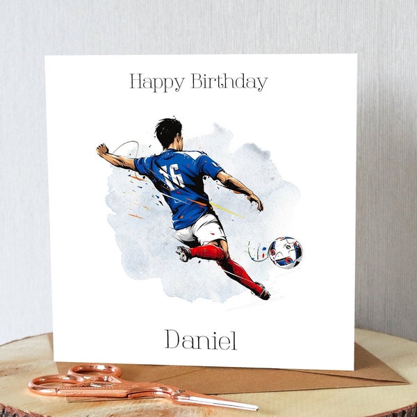 Carte d'anniversaire de football pour lui. Personnalisé. Joueur de football. « Joyeux anniversaire (ajoutez un nom) ».