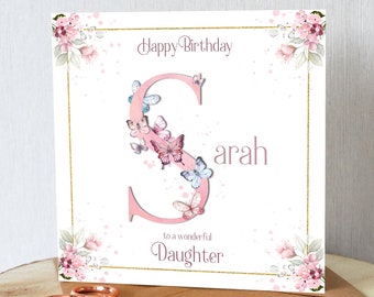 Birthday card for daughter or daughter in law. Beautiful Butterfly initial. Personalised. Beautiful pinks. Very pretty.