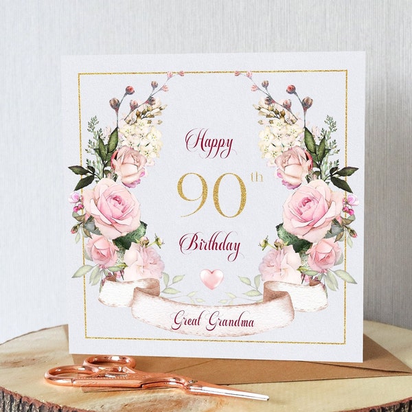 Beautiful 90th birthday card for her. Personalised with your chosen name. Pink roses and banner. All orders dispatched within 24 hrs.