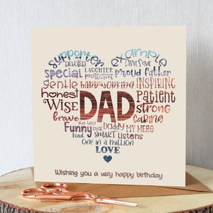 Dad birthday card. Word art. ‘Wishing you a very happy birthday. Unique and different. Premium quality. All orders dispatched within 24 hrs.