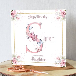 Birthday card for daughter or daughter in law. Beautiful Butterfly initial. Personalised. Beautiful pinks. Very pretty.