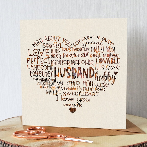 Husband birthday card. Also suitable as anniversary card. Word art. Unique and different. All orders dispatched within 24 hrs.