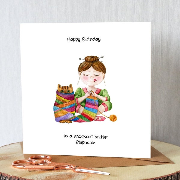Knitting birthday card for her. Watercolour. knitting and cat. Add name. All orders dispatched within 24 hrs.