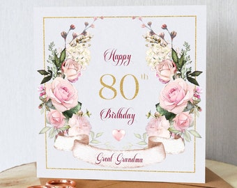 Beautiful 80th birthday card for her. Personalised with your chosen name. Pink roses and banner. All orders dispatched within 24 hrs.