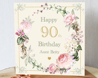 Tarjeta de 90 cumpleaños para ella. Personalizado con el nombre elegido. Rosas hermosas. Todos los pedidos enviados dentro de las 24 horas.