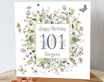 Carte pour le 101e anniversaire. Personnalisé. Jolies fleurs sauvages. Fleurs des prés. Superbe carte. Toutes les commandes sont expédiées dans les 24 heures.