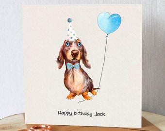 Dachshund birthday card. Choose pink or blue version. Personalised. Cute sausage dog with balloon. All orders dispatched within 24 hrs.