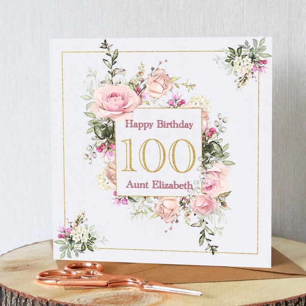 100th birthday card for her. Personalised with name of choice. Very pretty pink roses. All orders dispatched within 24 hrs.