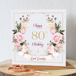 Beautiful 80th birthday card for her. Personalised with your chosen name. Pink roses and banner. All orders dispatched within 24 hrs.