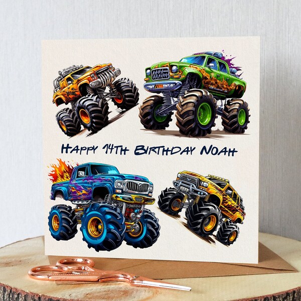 Personalised Monster Trucks birthday card. Add any name and age. Watercolour monster trucks. Premium quality. Suitable any age.