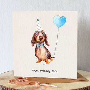 Dachshund birthday card. Choose pink or blue version. Personalised. Cute sausage dog with balloon. All orders dispatched within 24 hrs.