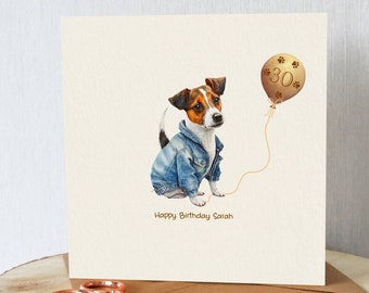 Jack Russell birthday card. Personalised with name of choice (and age if required) Cute Jack Russell dog with balloo
