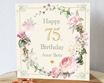 75e verjaardagskaart voor haar. Gepersonaliseerd met de door u gekozen naam. Mooie rozen. Alle bestellingen worden binnen 24 uur verzonden.