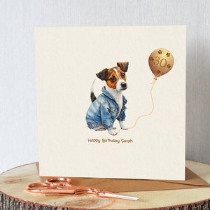 Jack Russell birthday card. Personalised with name of choice (and age if required) Cute Jack Russell dog with balloo
