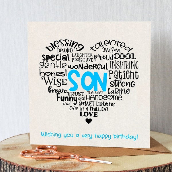 Son birthday card. Word art. ‘Wishing you a very happy birthday. Unique and different. Premium quality. All orders dispatched within 24 hrs.