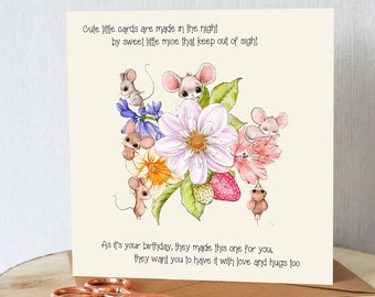 Birthday card for girl or boy. Cute mice, Pretty flowers. Rhyme. Premium quality. All orders dispatched within 24 hrs.