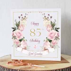 Beautiful 85th birthday card for her. Personalised with your chosen name. Pink roses and banner. All orders dispatched within 24 hrs.