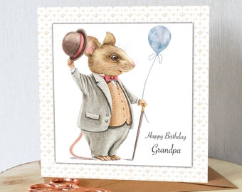 Birthday card for him. Gentleman mouse. Personalised with name of choice. All orders dispatched within 24 hrs.