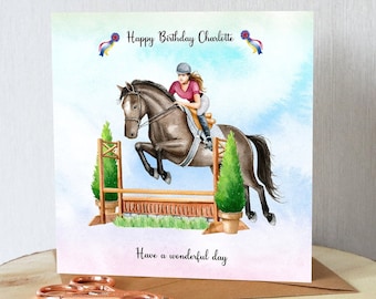 Horse riding birthday card. Show jumping. Add any name and age. Granddaughter, daughter in law, friend, sister, daughter, niece etc.