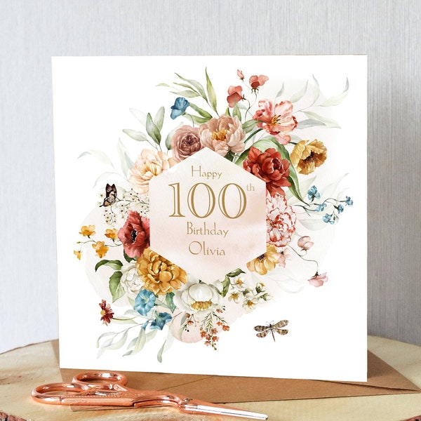 100th birthday card. Stunning colours. Personalised. Rich rustic flowers with dragonfly and butterfly. All orders dispatched within 24 hrs.