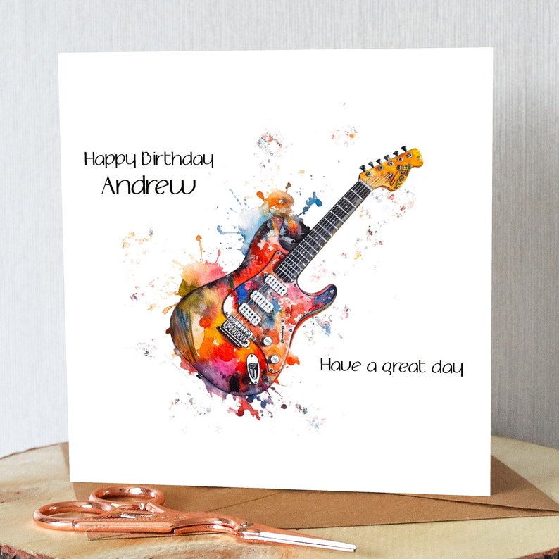 Carte d'anniversaire personnalisée pour guitare électrique. Guitare électrique aquarelle. N'importe quel nom. Convient à tout âge. Carte unique. Guitare rock. image 5