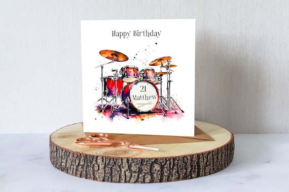 Personalised Drum Kit Birthday Card. Watercolour Drum Set. Any
