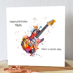 Carte d'anniversaire personnalisée pour guitare électrique. Guitare électrique aquarelle. N'importe quel nom. Convient à tout âge. Carte unique. Guitare rock. image 4