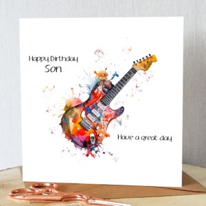 Carte d'anniversaire personnalisée pour guitare électrique. Guitare électrique aquarelle. N'importe quel nom. Convient à tout âge. Carte unique. Guitare rock. image 3