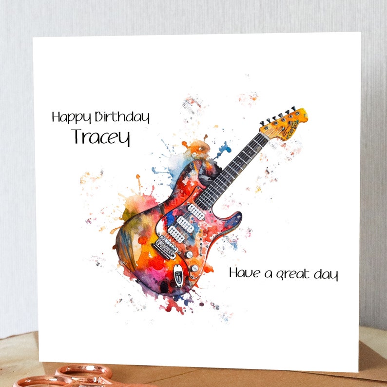 Carte d'anniversaire personnalisée pour guitare électrique. Guitare électrique aquarelle. N'importe quel nom. Convient à tout âge. Carte unique. Guitare rock. image 2