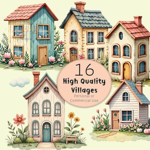 16 Cute Cottage Watercolor Clipart | Cozy Fairy Tale Houses PNG | Rustic Cottage core Village Art | Hand-Painted Digital Download