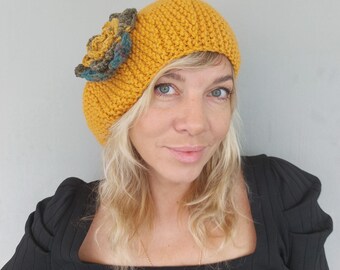 Knit Yellow French Beret for Women by BudanovaDezign